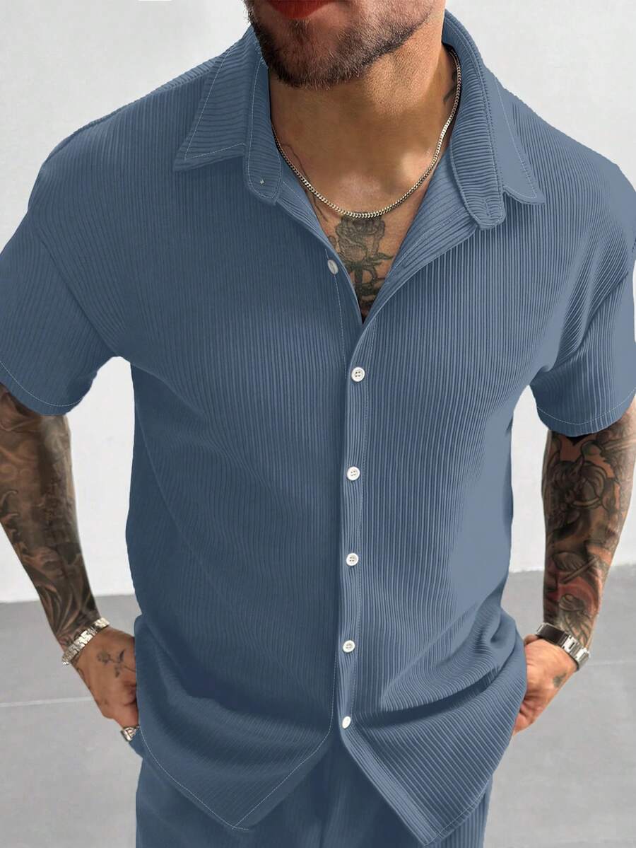 Slate Blue Pleated Short Sleeve Shirt