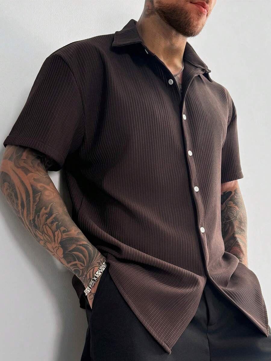 Dark Brown Pleated Short Sleeve Shirt