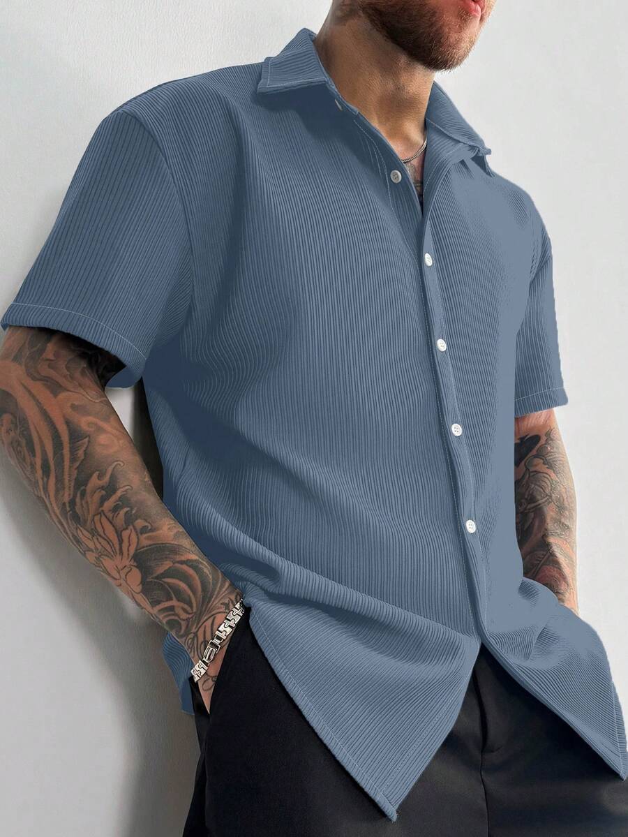 Slate Blue Pleated Short Sleeve Shirt