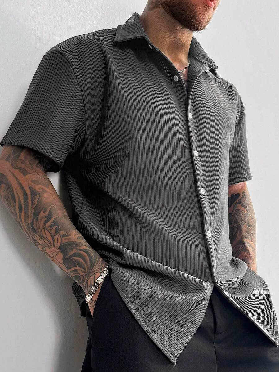 Dark Grey Pleated Short Sleeve Shirt