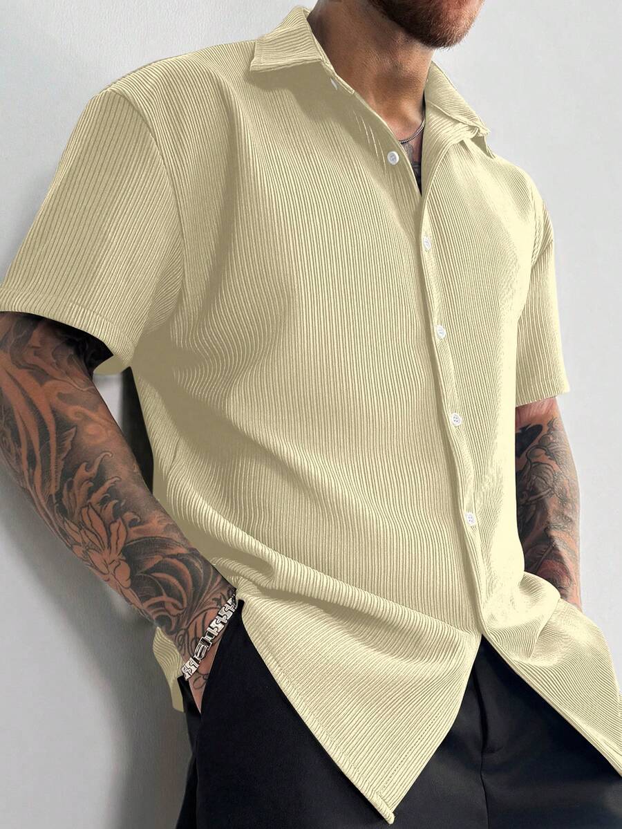 Beige Pleated Short Sleeve Shirt