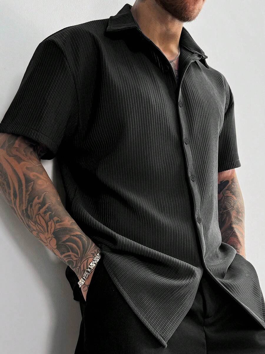 Black Pleated Short Sleeve Shirt