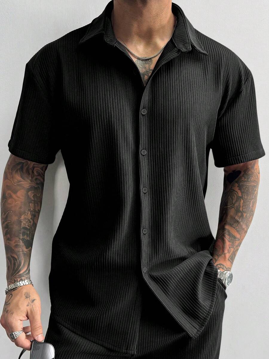 Black Pleated Short Sleeve Shirt