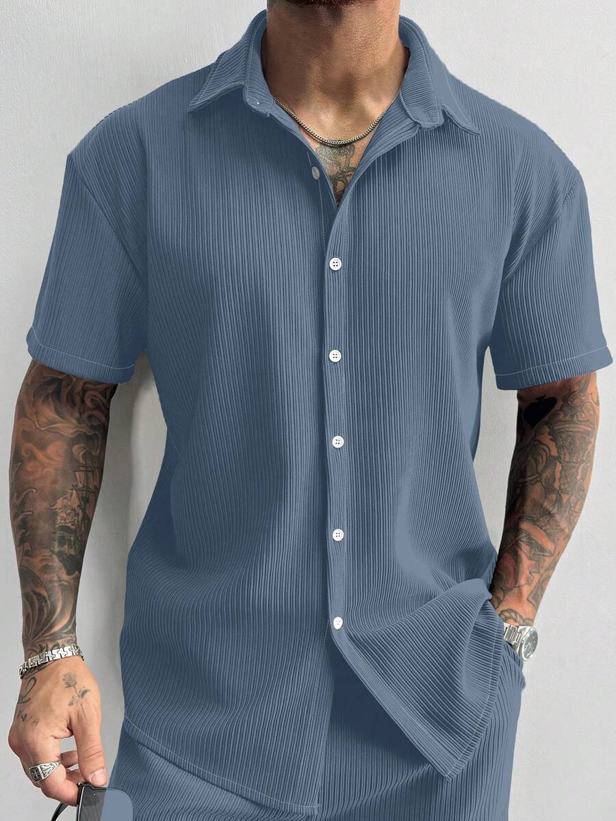 Slate Blue Pleated Short Sleeve Shirt