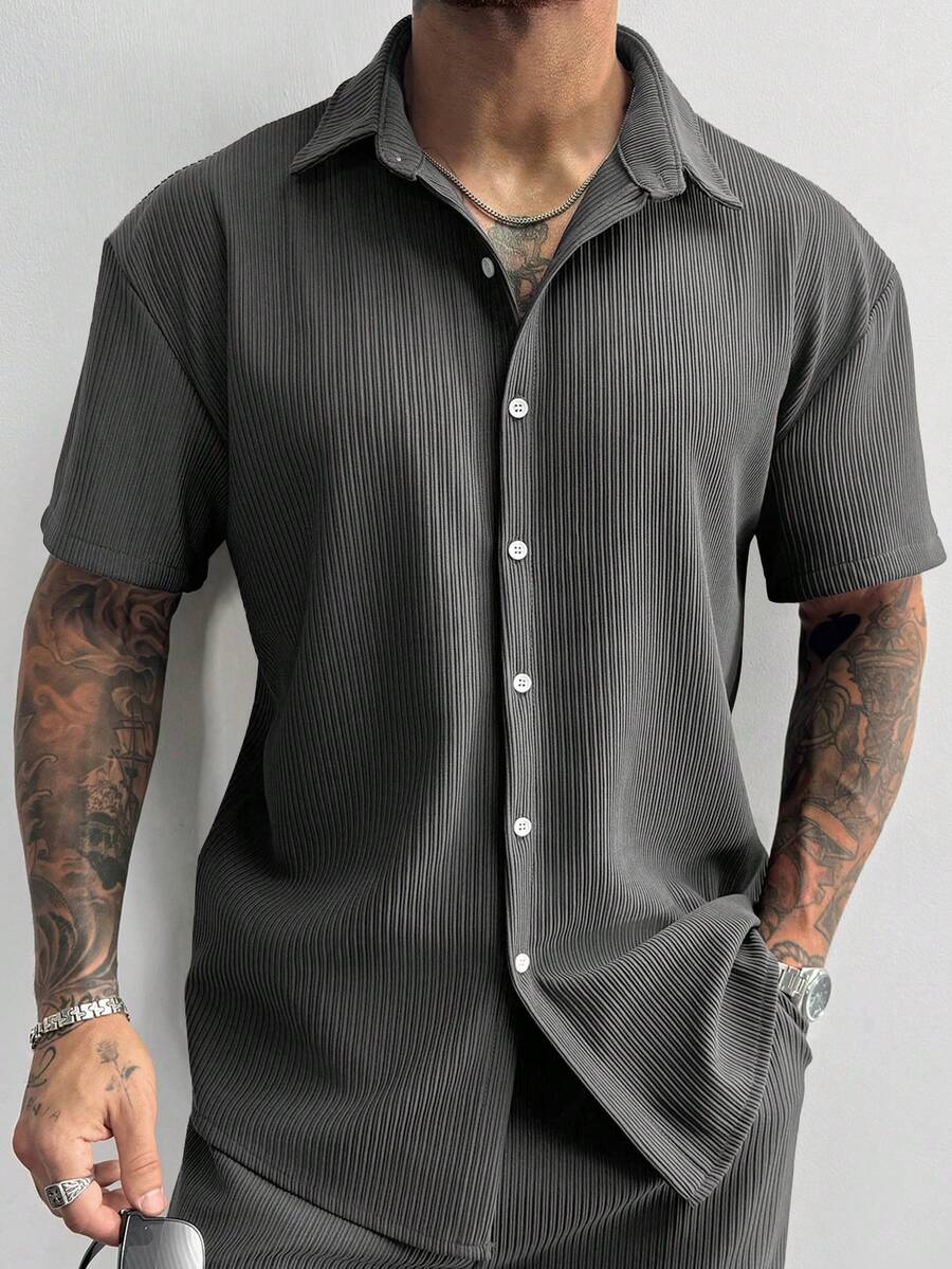 Dark Grey Pleated Short Sleeve Shirt