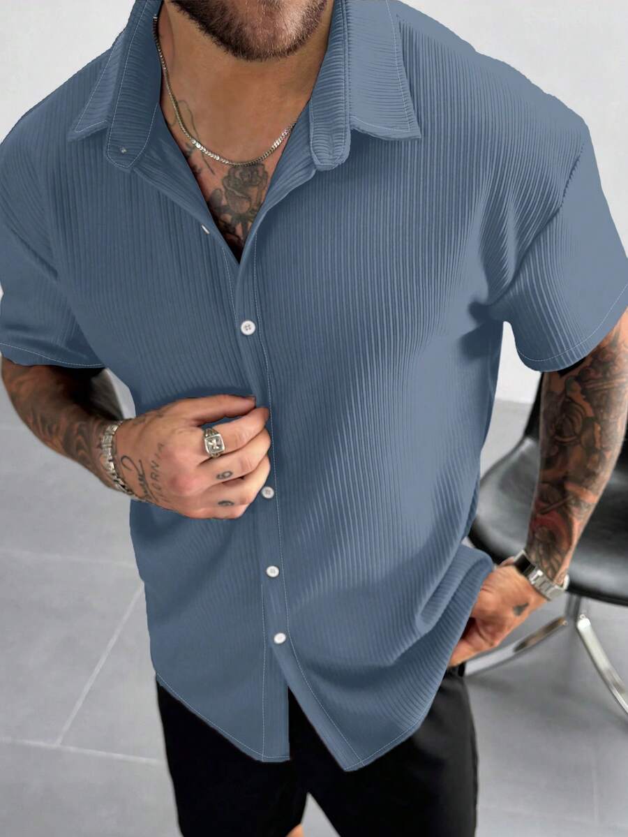 Slate Blue Pleated Short Sleeve Shirt