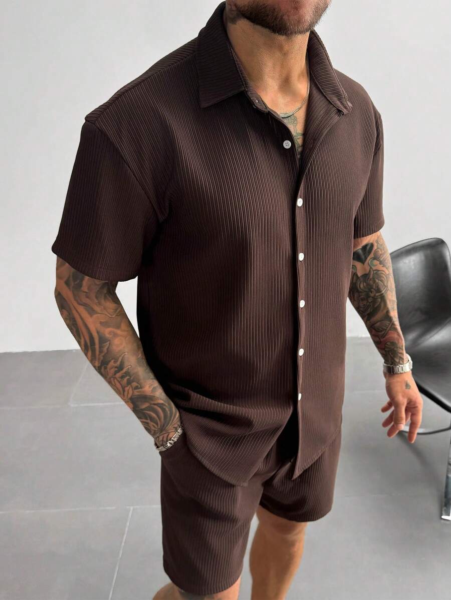 Dark Brown Pleated Short Sleeve Shirt