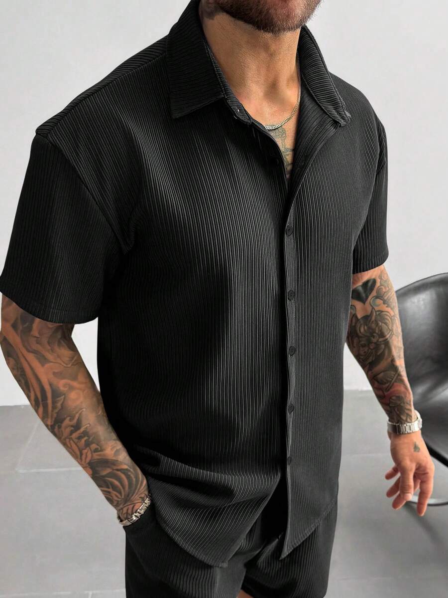 Black Pleated Short Sleeve Shirt