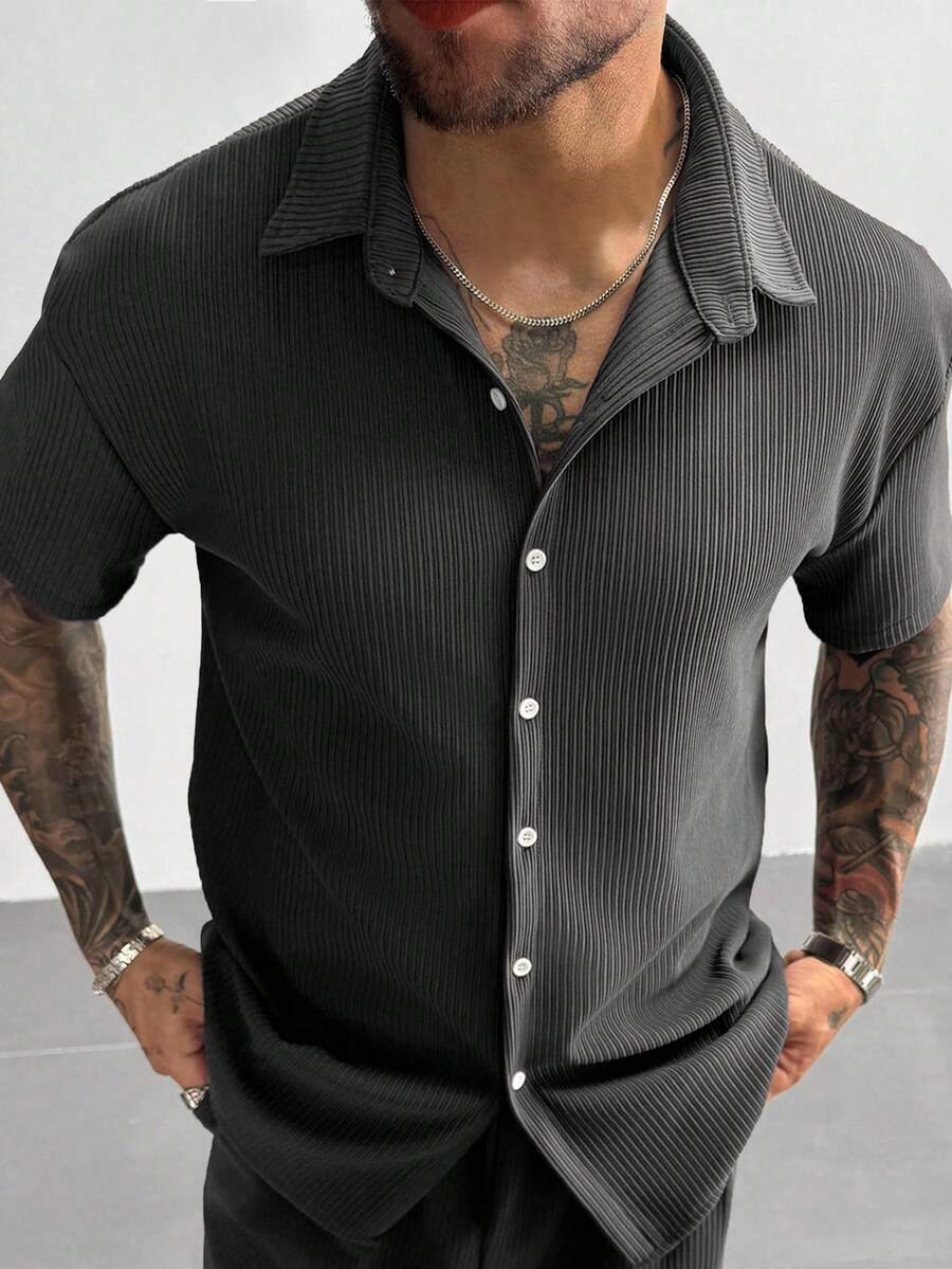Dark Grey Pleated Short Sleeve Shirt