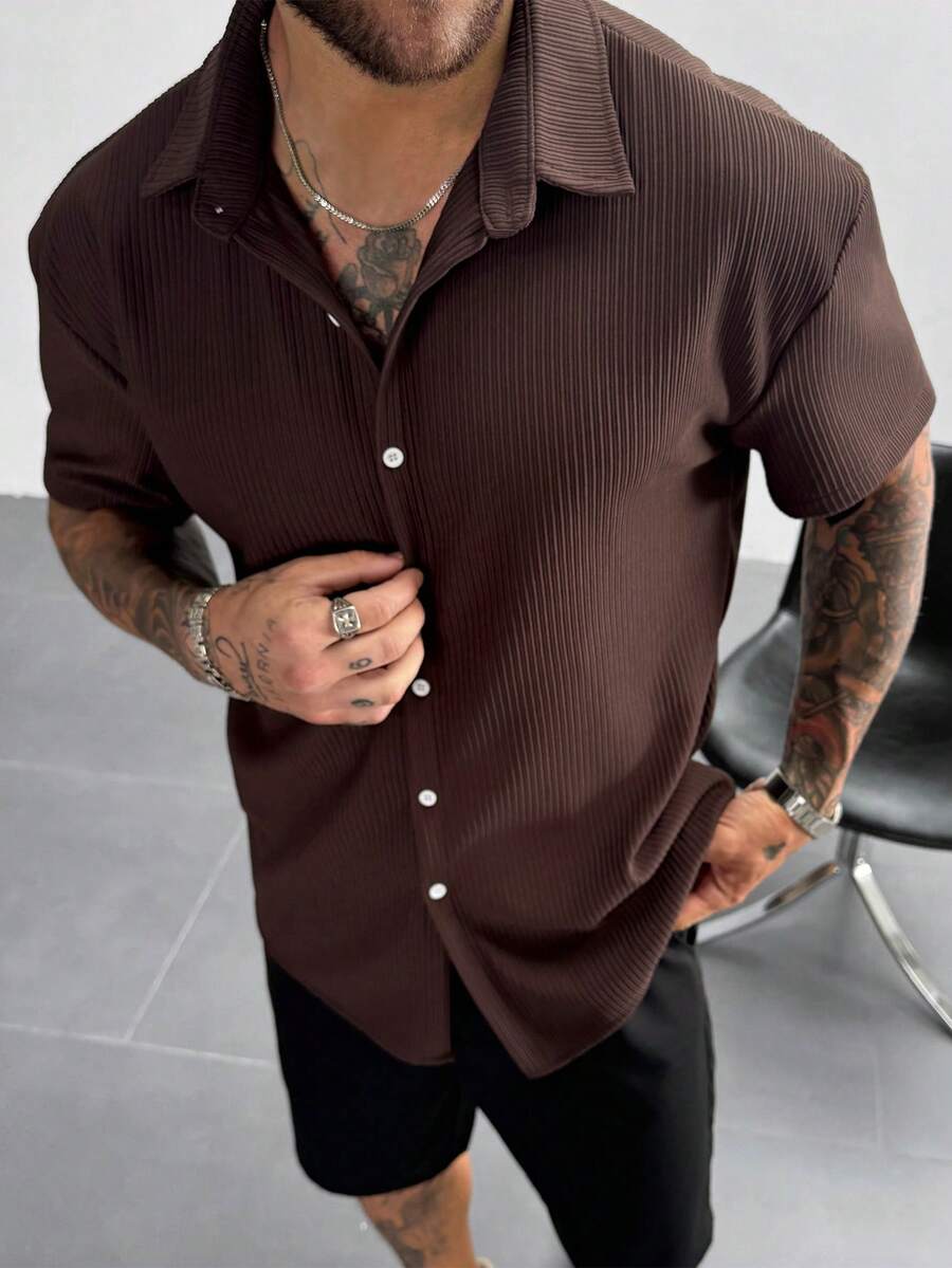Dark Brown Pleated Short Sleeve Shirt