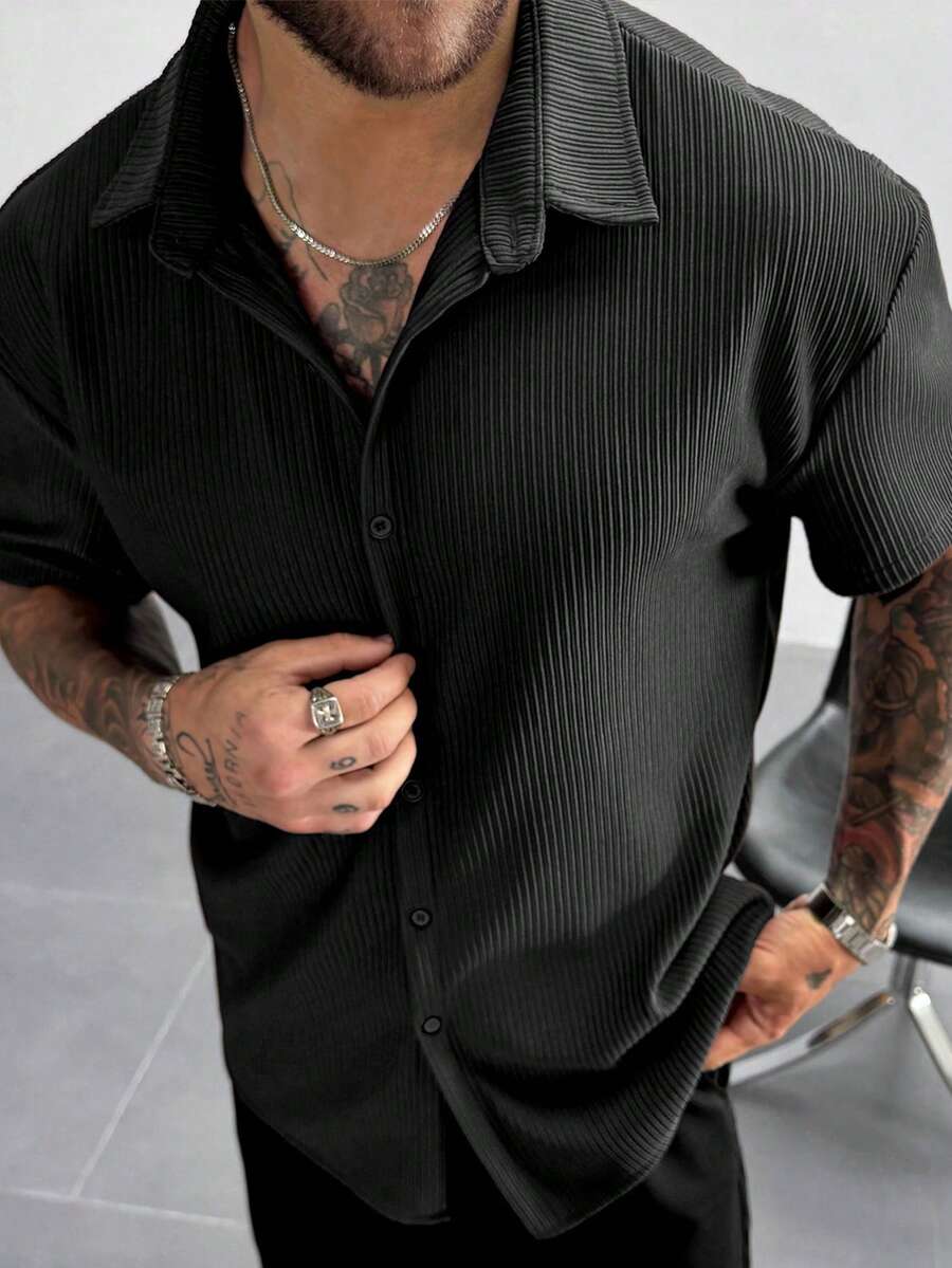 Black Pleated Short Sleeve Shirt