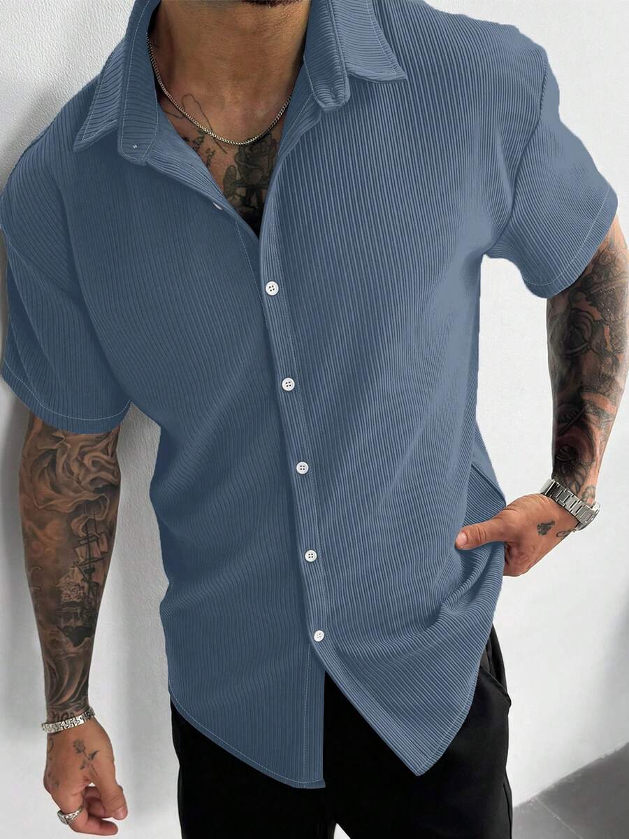 Slate Blue Pleated Short Sleeve Shirt