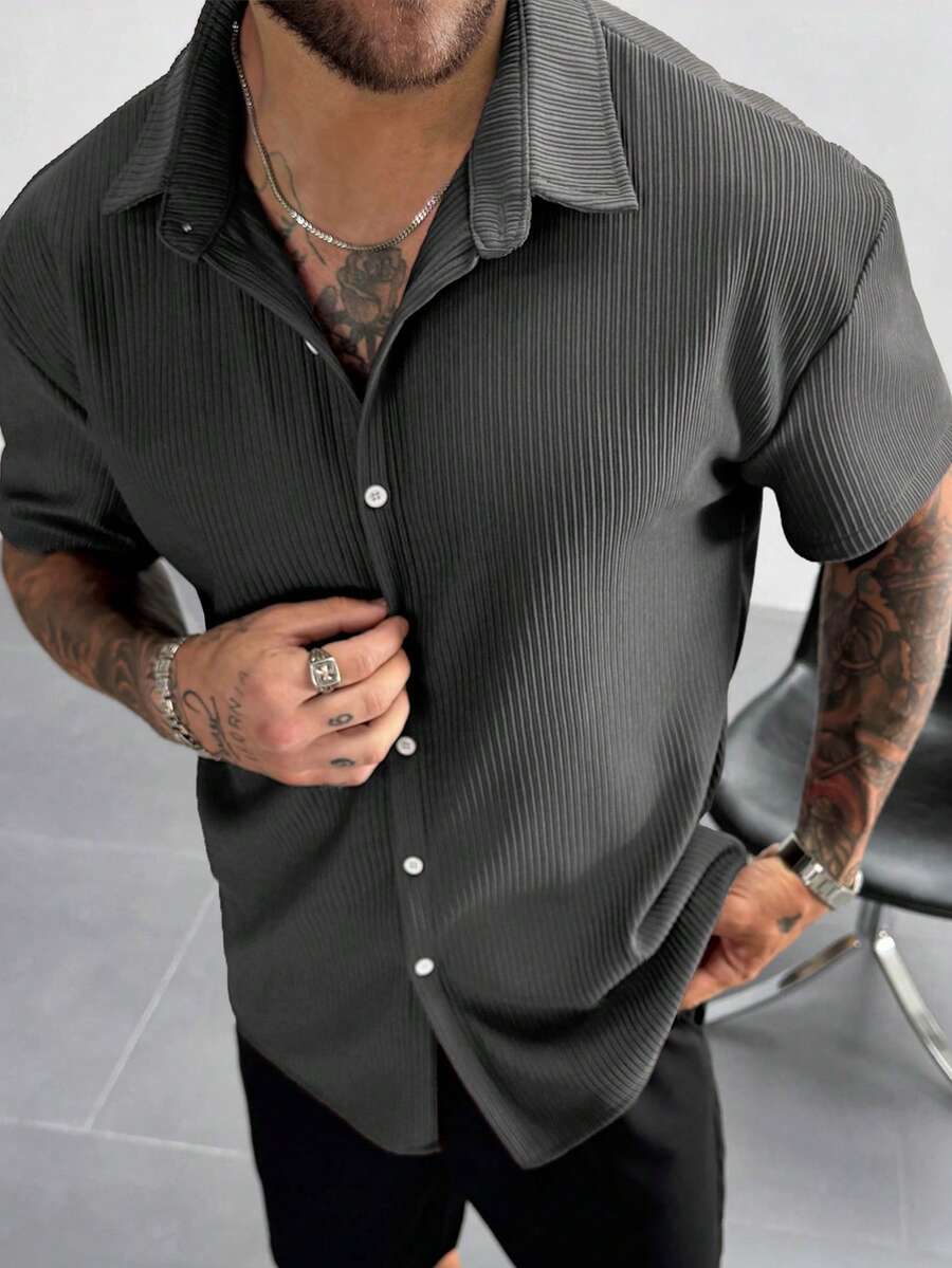 Dark Grey Pleated Short Sleeve Shirt