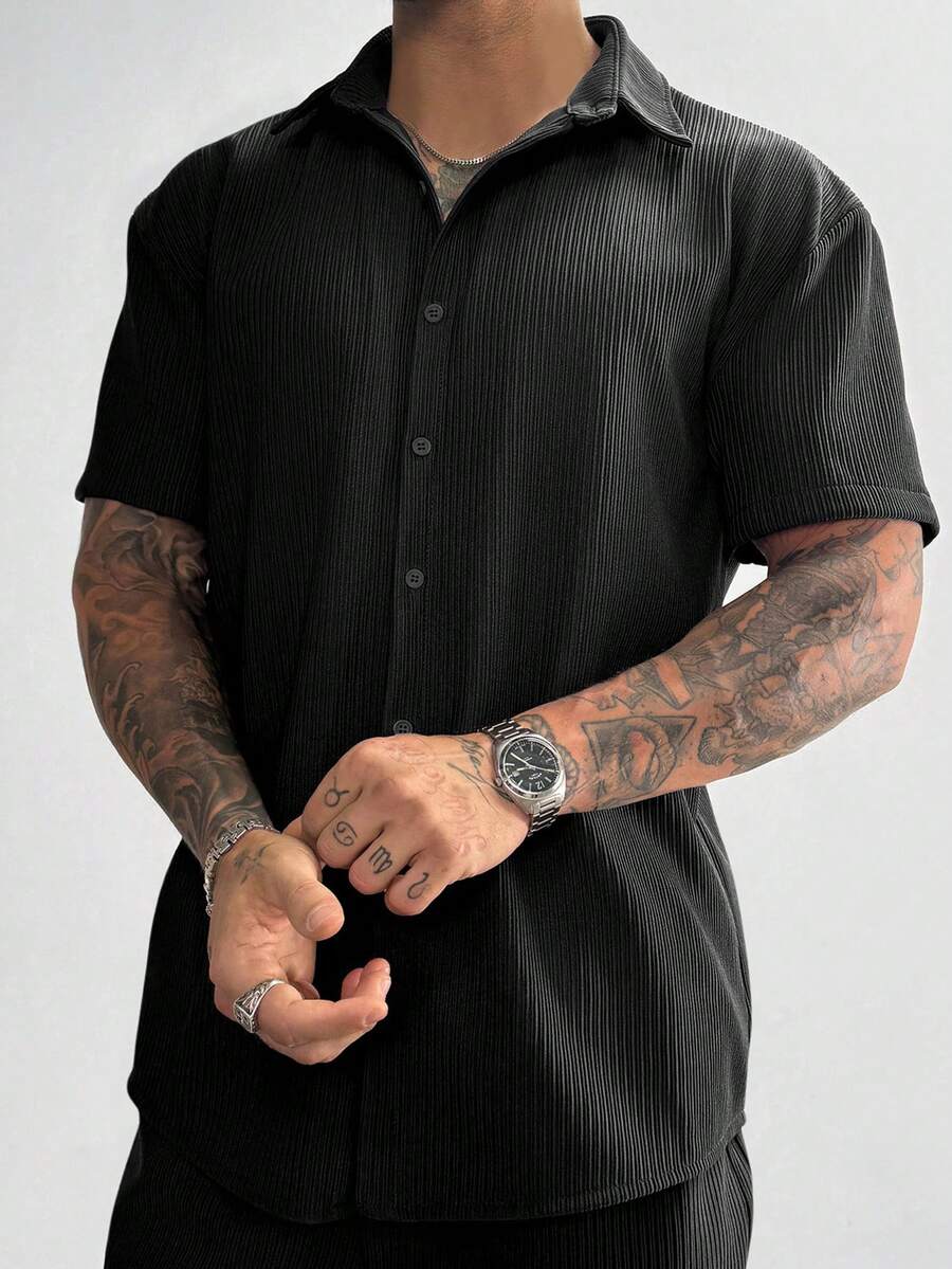Black Pleated Short Sleeve Shirt
