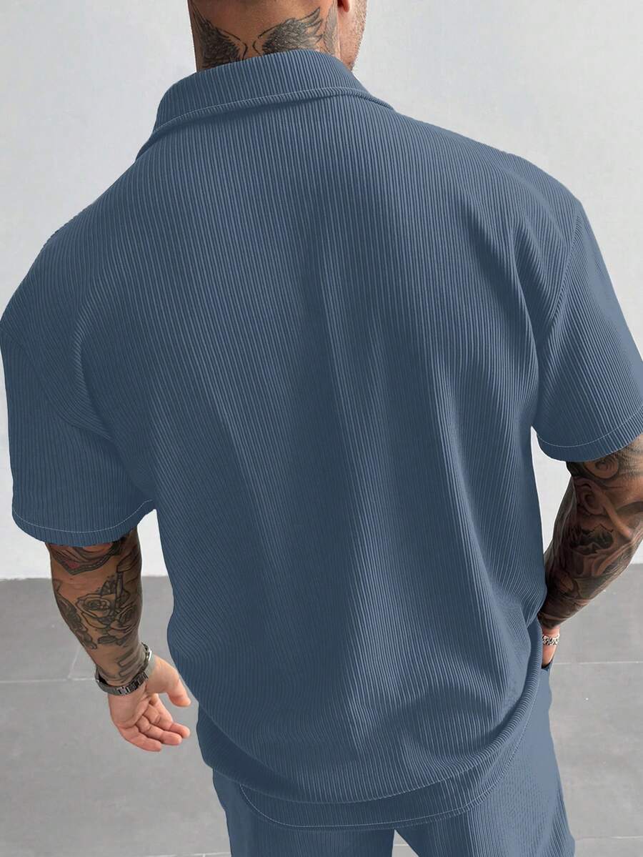Slate Blue Pleated Short Sleeve Shirt