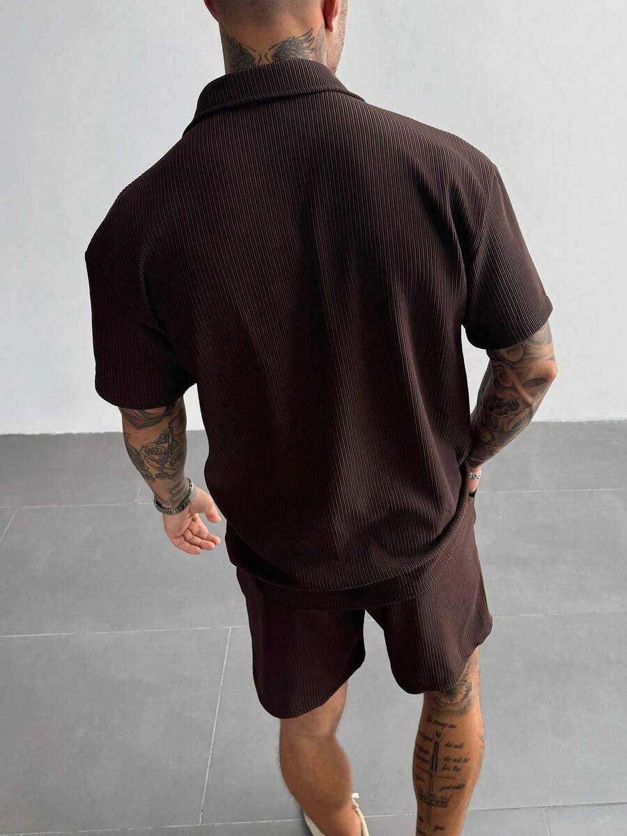 Dark Brown Pleated Short Sleeve Shirt