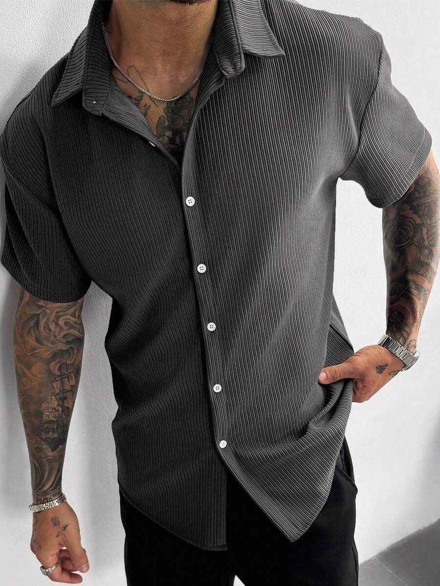 Dark Grey Pleated Short Sleeve Shirt
