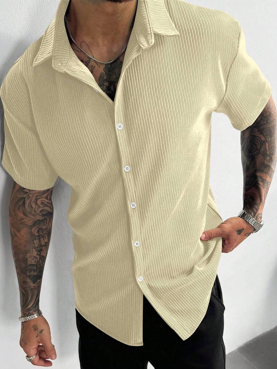 Beige Pleated Short Sleeve Shirt