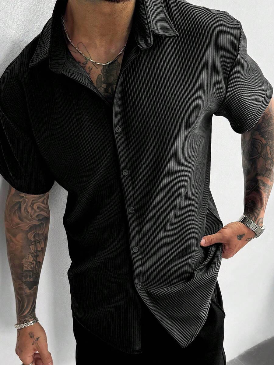 Black Pleated Short Sleeve Shirt