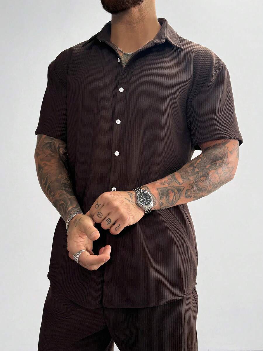 Dark Brown Pleated Short Sleeve Shirt