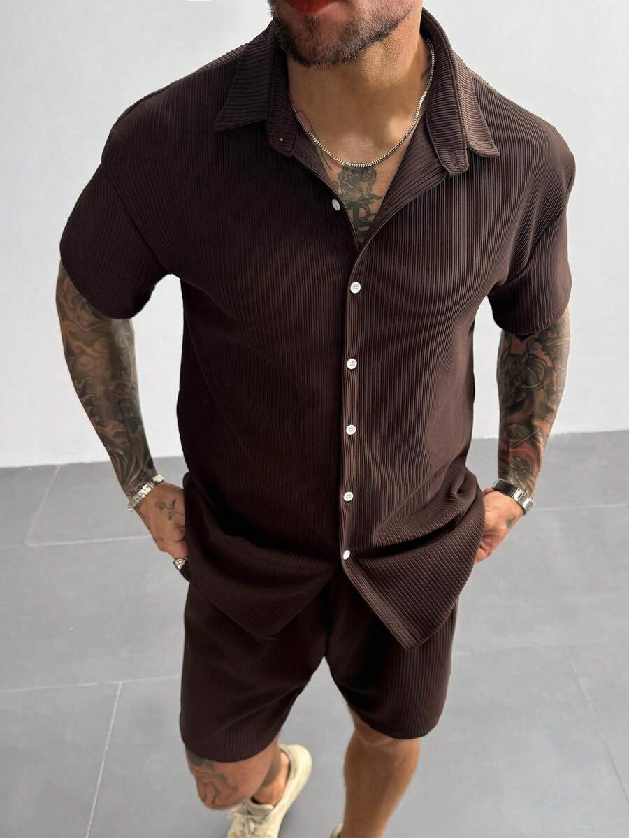 Dark Brown Pleated Short Sleeve Shirt