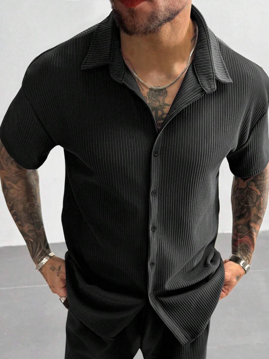Black Pleated Short Sleeve Shirt