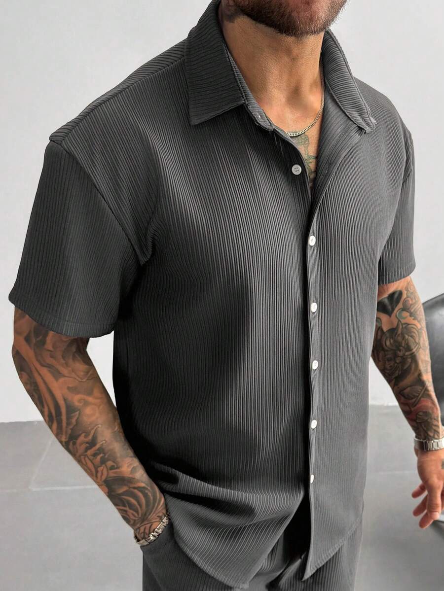 Dark Grey Pleated Short Sleeve Shirt