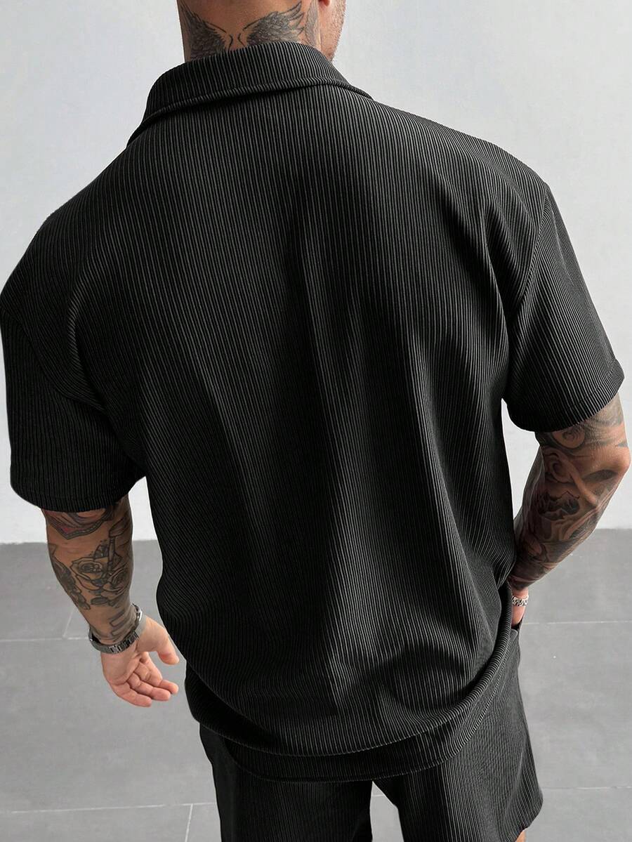 Black Pleated Short Sleeve Shirt