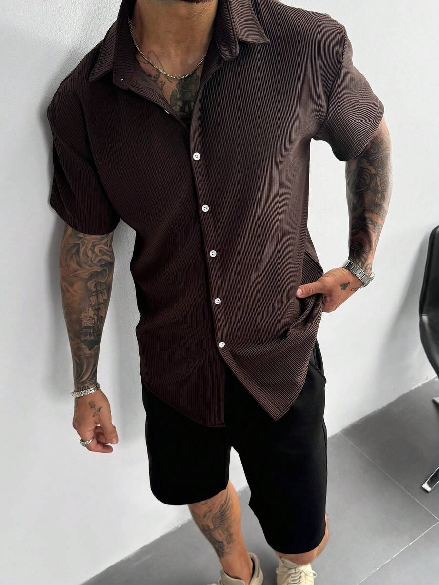 Dark Brown Pleated Short Sleeve Shirt
